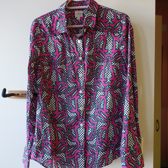 J. Crew Factory pink green swirl polka dot shirt XS 0 2 - Picture 9 of 11